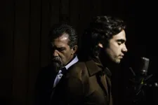 A bearded Antonio Banderas as the Maestro and Toby Michael, who plays a character based on Andrea Bocelli