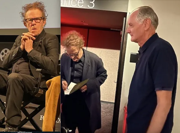 The same bespectacled older white man can be seen in a split image, speaking into a microphone and then standing beside another white man as he signs an autograph.
