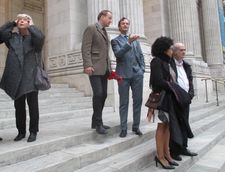 Volker Schlöndorff’s Return To Montauk set with Margarethe von Trotta, Stellan Skarsgård, Robert Seeliger, Isi Laborde-Edozien and Colm Tóibín on the steps of the Stephen A Schwarzman Building of the New York Public Library.