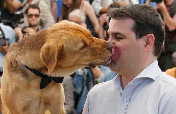 Kornél Mundruczó, director of White God with a furry pal at Cannes