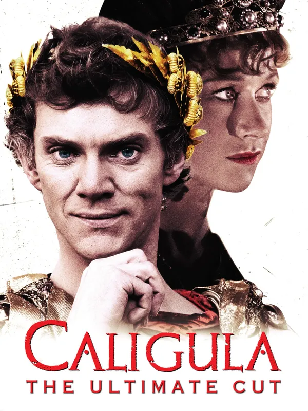 A poster for the film Caligula: The Ultimate Cut. A white woman's face can be seen on a white background; in front of her is that of a young white man wearing a garland of laurel leaves and a mercurial smile.