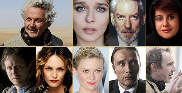 Cannes jury line-up, clockwise from top left, George Miller (president), Valeria Golino,
 Donald Sutherland, Katayoon Shahabi, Arnaud Desplechin, Mads Mikkelsen,
 Kirsten Dunst, Vanessa Paradis and Laszlo Nemes. 