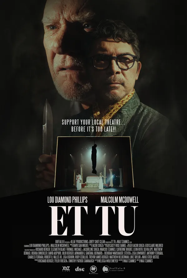 A poster for Et Tu, featuring the face of an older white man partially superimposed across the face of a middle aged man with light brown skin and glasses.