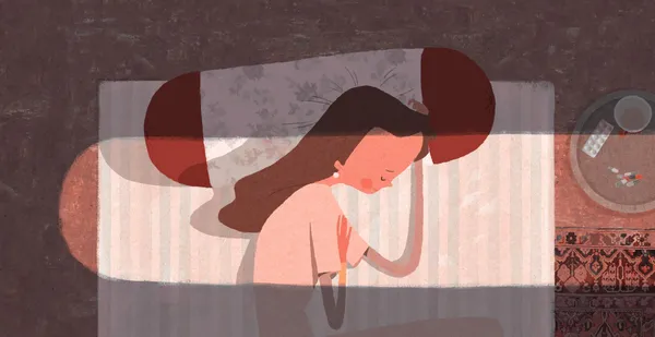 A still from the animated film In The Shadow Of The Cypress. A young woman lies on a sleeping mat, resting her head on a pillow.