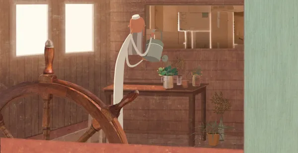 A still from the animated film In The Shadow Of The Cypress. An old man tidies a room in which a ship's wheel can be seen.