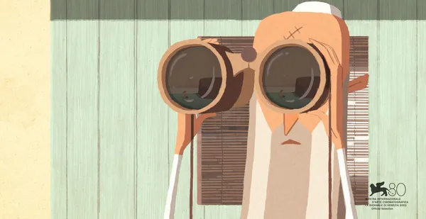 A still from the animated film In The Shadow Of The Cypress. An old man peers through binoculars.
