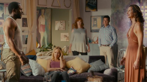 Gbenga Akkinagbe as Wayne, Anna Camp as Kiki, Christina Hendricks as Karen, David Alan Basche as Don, and Alysia Reiner as Tina in Egg