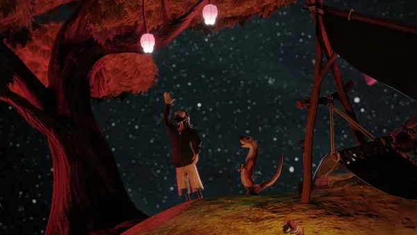 An animated man reaches for a fruit from a tree, his otter/dog is beside him