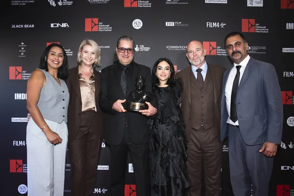 L to R: Mortician producer Mojan Safari, EIFF Producer Emma Boa, Mortician director Abdolreza Kahani, actress Gola, Jason Connery and Mortician actor Nima Sadr